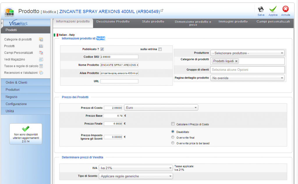 Scheda Prezzi Prodotto in VirtueMart 2.0