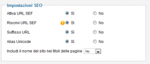 I settagi per attivare pienamente le funzionalità SEO di Joomla